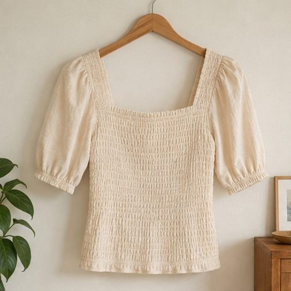 Cream Smocked Puff Sleeve Top